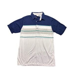 Vintage Jantzen Mens Medium Polo Shirt Navy Blue White Striped Single Stitch